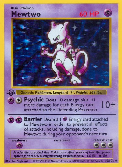 1999 Pokémon Base Set Mewtwo Holographic Rare card